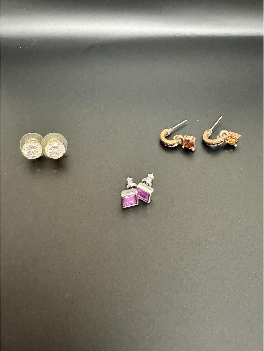 Small Stud Earrings Lot – Rhinestone, Purple Square & Amber Stone Earrings